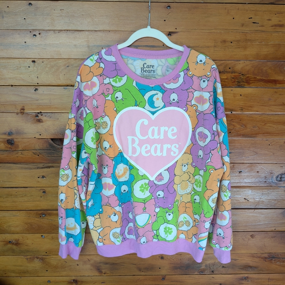 Care Bear Collage Sweater Adult Size L Large Rainbow Multi Color Heart Lucky